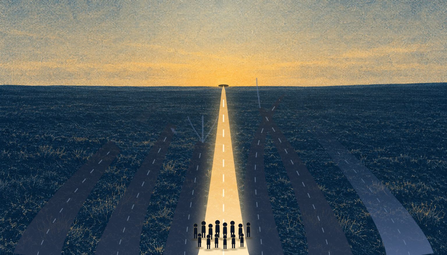 Hét út vezet a horizont felé, közülük csak egyet világít meg a fény, a tömeg pedig azt az egyet nézi